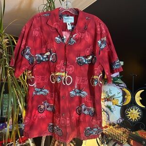 Halekulani Hawaii Red Motorcycle Pattern Men's Shirt XL